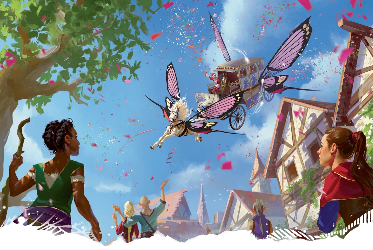Un carruaje empujado por caballos con alas de mariposa