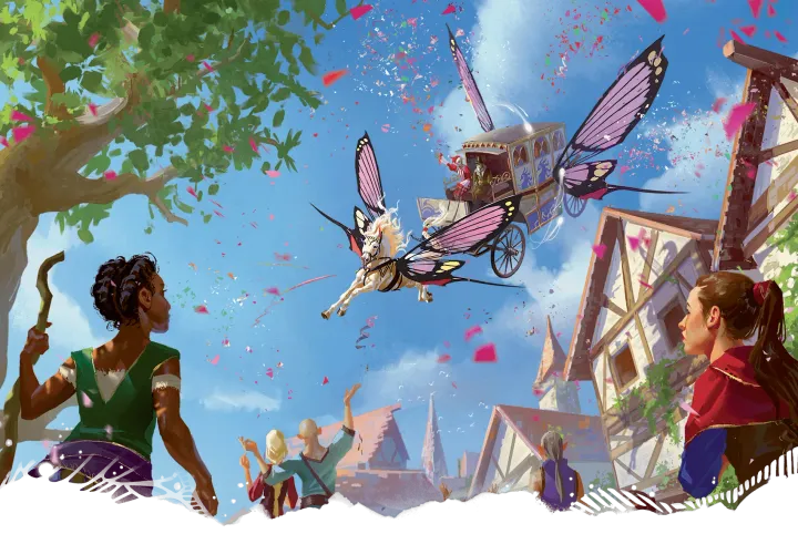 Un carruaje empujado por caballos con alas de mariposa